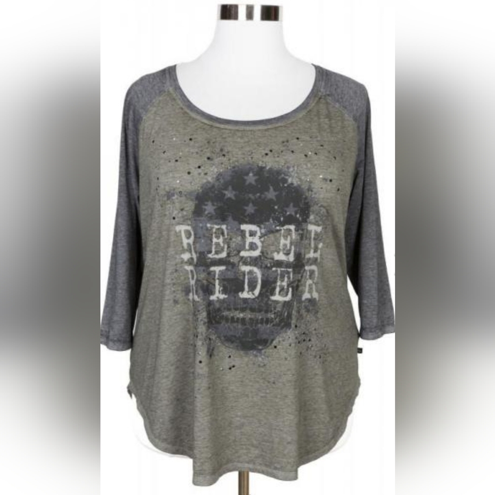 Rock & Republic moss green studded skull rebel 3/4 sleeve top 1X NEW